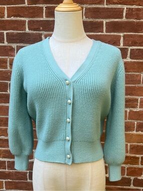 Maje Mint Green V-Neck Pearl Button  Cropped Cardigan